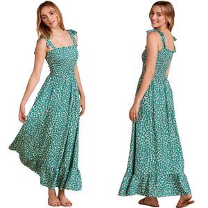 Summersalt Silky Luxe Smocked Maxi Dress Womens Medium Green Printed Bows Ruffle
